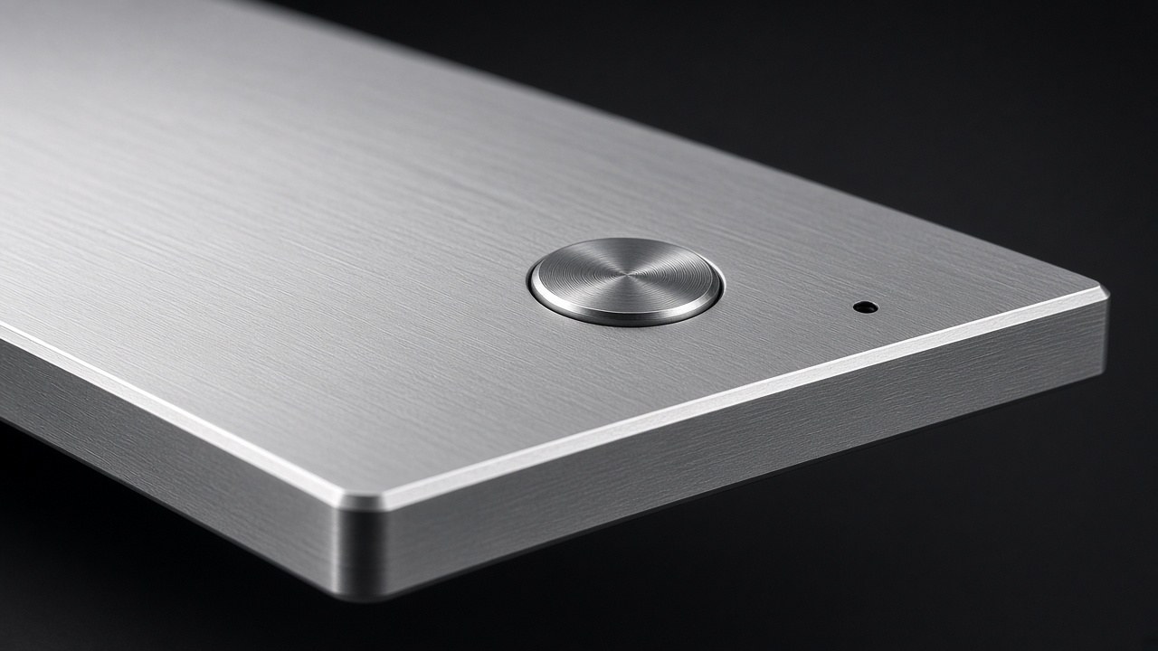 Close-up of the chamfered aluminium edge and button (concept render)
